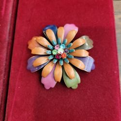 Vintage Enamel Flower Brooch Pin Metal 2.5" F8