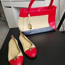 Matching Color-Block Handbag and Ballet Flats Set