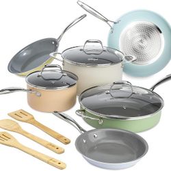 Goodful Ceramic Nonstick Pots and Pans Set, Titanium-Reinforced Premium Nonstick Coating, Dishwasher Safe Pots and Pans, Tempered Glass Steam Vented L