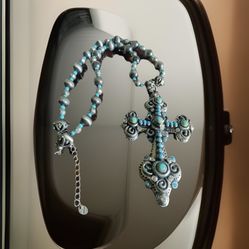 Vintage Signed N Celtic Cross Faux Turquoise Necklace 