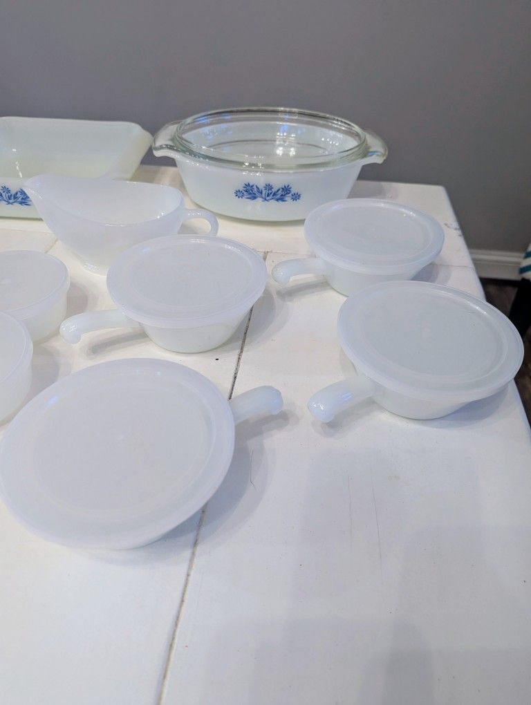 Vintage Anchor Hocking Fire-King Blue Floral Milk Glass 20 piece Set Made in USA.