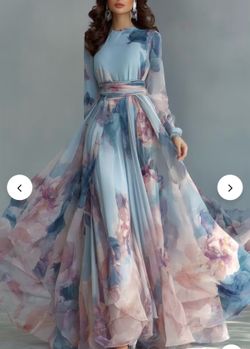 Elegant Light Blue Floral Chiffon Maxi Dress