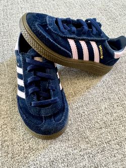 Adidas Kids Navy Suede Sneakers with Pink Stripes - Spezial Size 9k