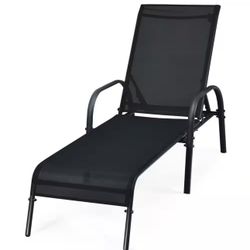 Outdoor Patio Lounge Chair Chaise Fabric With Adjustable Reclining Armrest, Black - 2 Piece