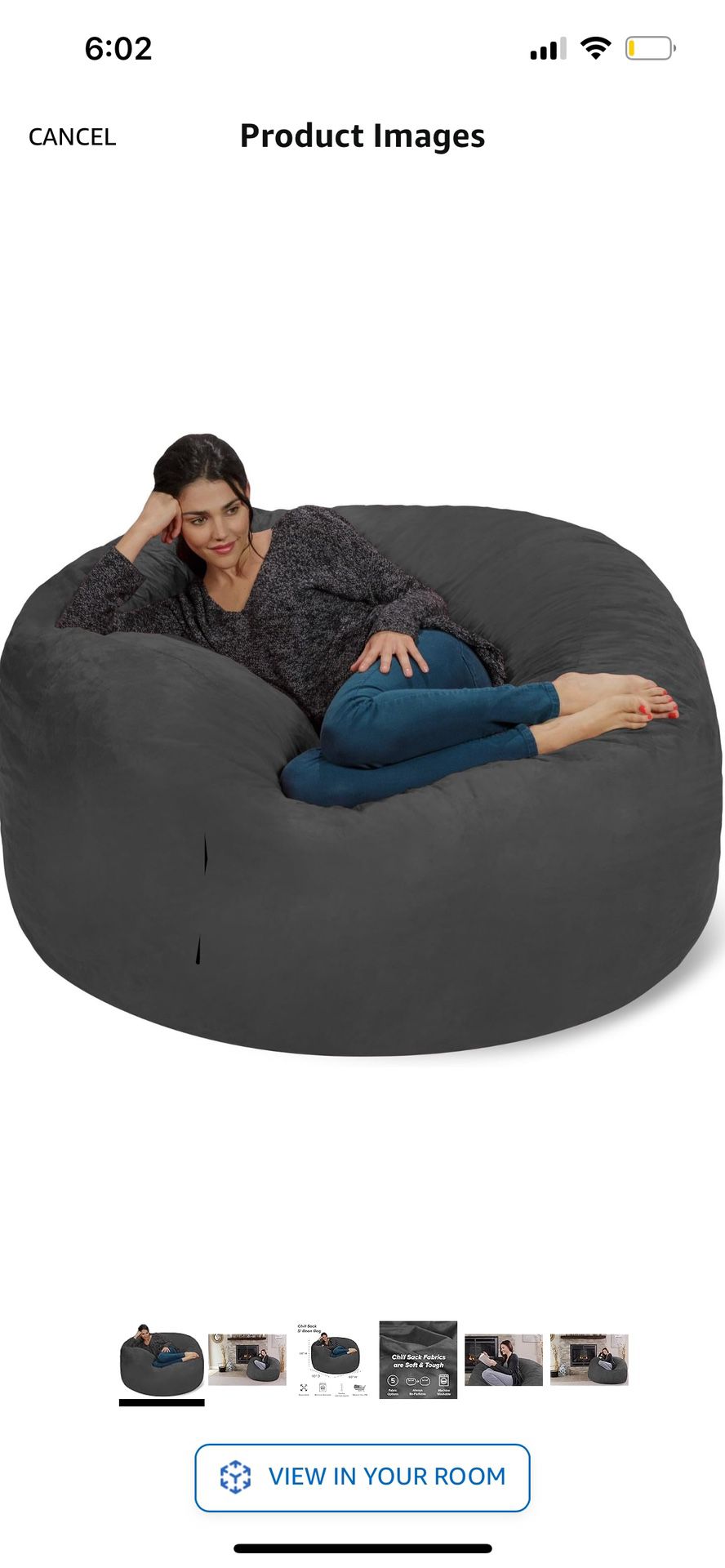 Chill Sack Bean Bag Chair: Giant 5' Memory Foam Furniture Bean Bag - Big Sofa wit Soft Micro Fiber Cover - Charcoal
