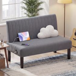 Mini Small Comfy Couch Armless Loveseat Sofa for Bedroom with USB Port, Velvet Couches for Small Spaces Living Room, Apartment Office Dorm (Grey)