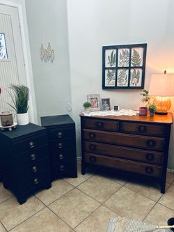 Wood Dresser and Two Black Nightstands Set