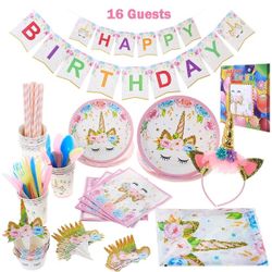 Unicorn Party Supplies 163 Pcs, Unicorn Themed Birthday Party Decorations Serve 16 Guests