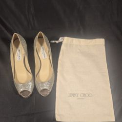 Authentic Jimmy Choo Evelyn Open-Toe Pumps – Silver/Champagne Glitter