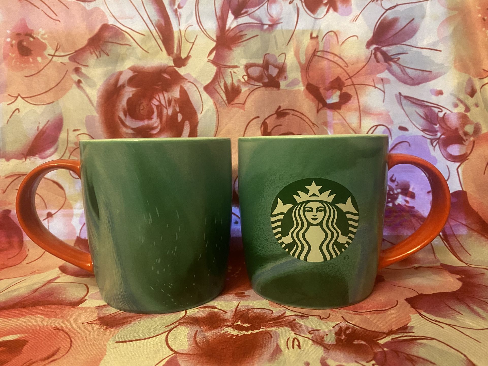 Two Starbucks 2024 Teal Watercolor Mug 11 oz fl/325 ml - Red Handle Ceramic Cup