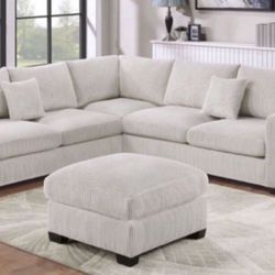 New White Or Gray Corduroy Sectional And Ottoman Sofa Couch 