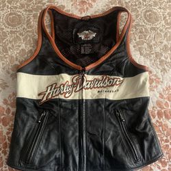 Harley Davidson Motorcycle Vest Women's L Black/Orange Leather Zip Embroidered In Excellent Condition size (XS)