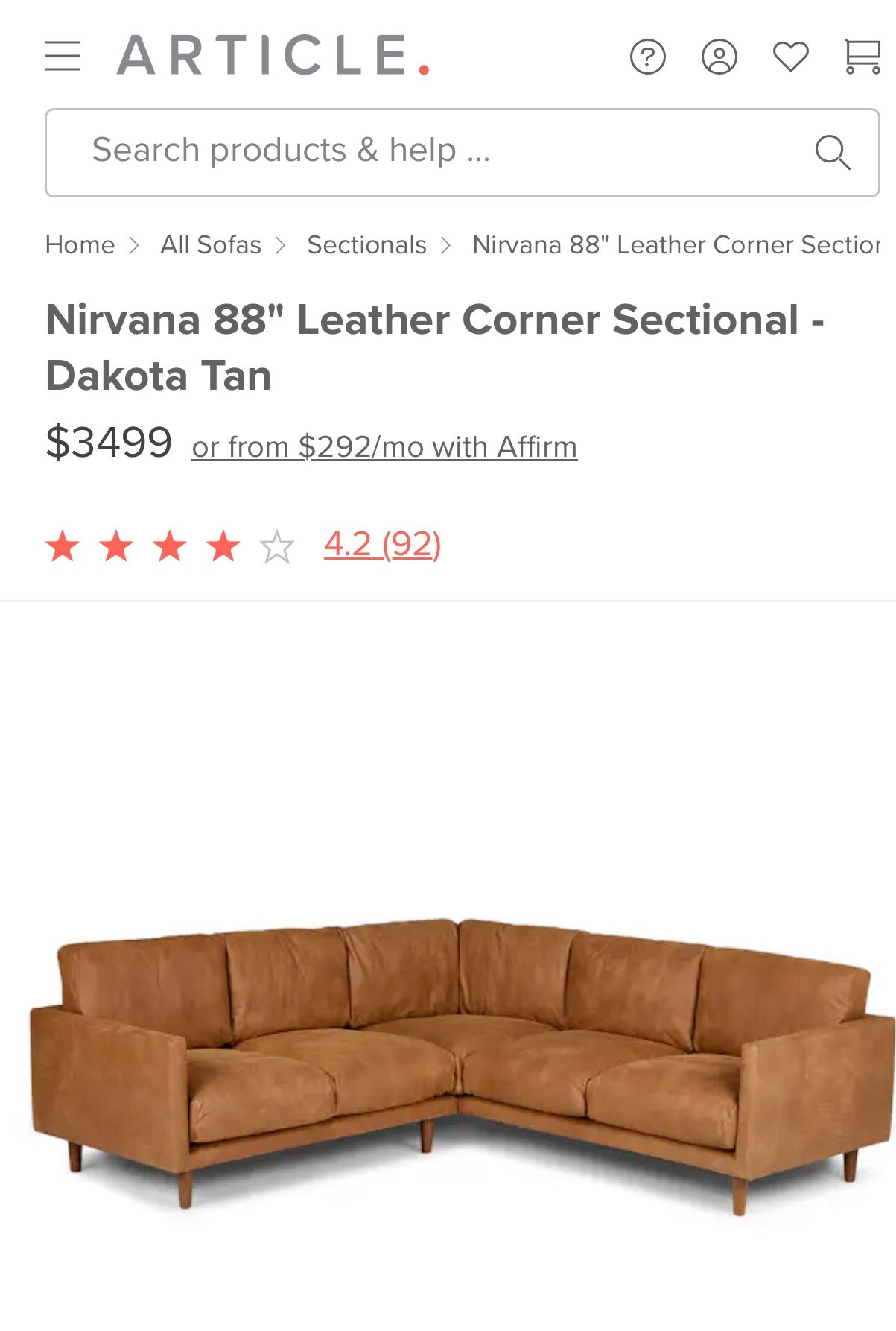 Article Leather Corner Sectional  Couch Sofa Dakota Tan