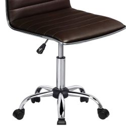BOSSIN Adjustable Home Office Chair, Mid-Back Armless Ribbed Swivel Task Chair,Vanity Chair for Small Space, Living Room, Make-up, Studying (Brown)
