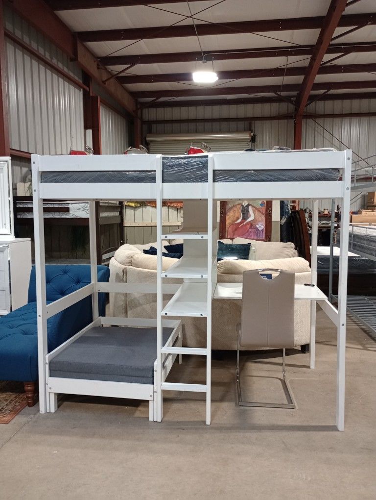 Loft Twin Bed With Shelves, Desk And Extra Sleeper