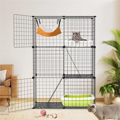 Large 3-Tier Cat Cage & Enclosure - Detachable Indoor Cat Playpen with 3 Doors & 2 Ramps, Metal Wire Cat Crate House Box for 1-2 Cats, Ferrets