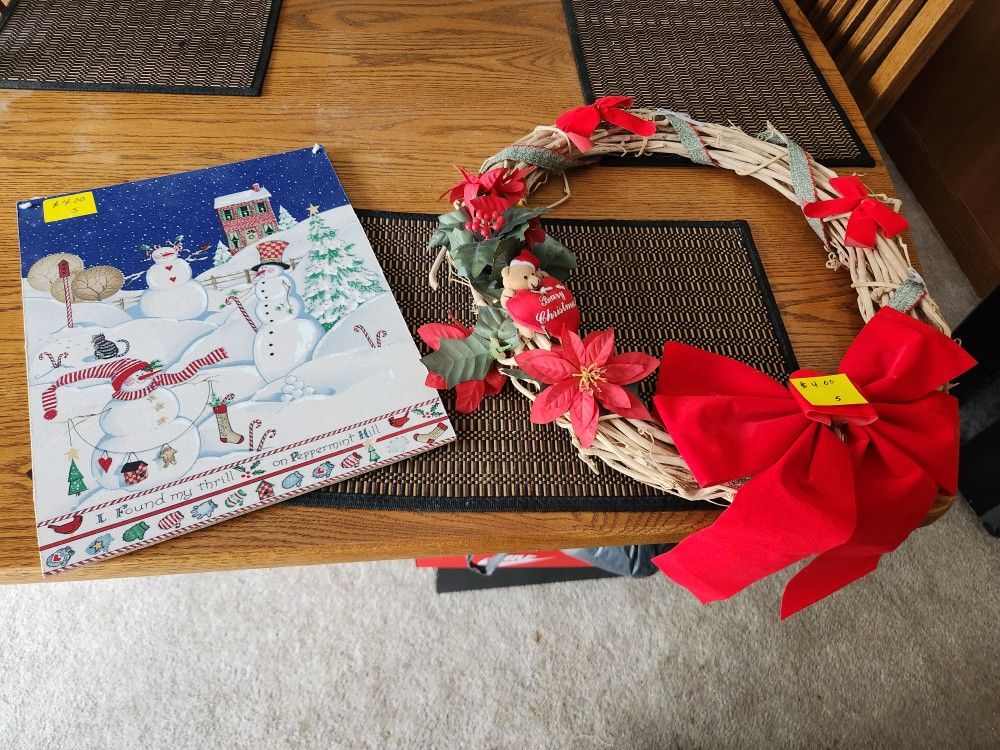 Wood Wreath Decorated And Snowman Sign