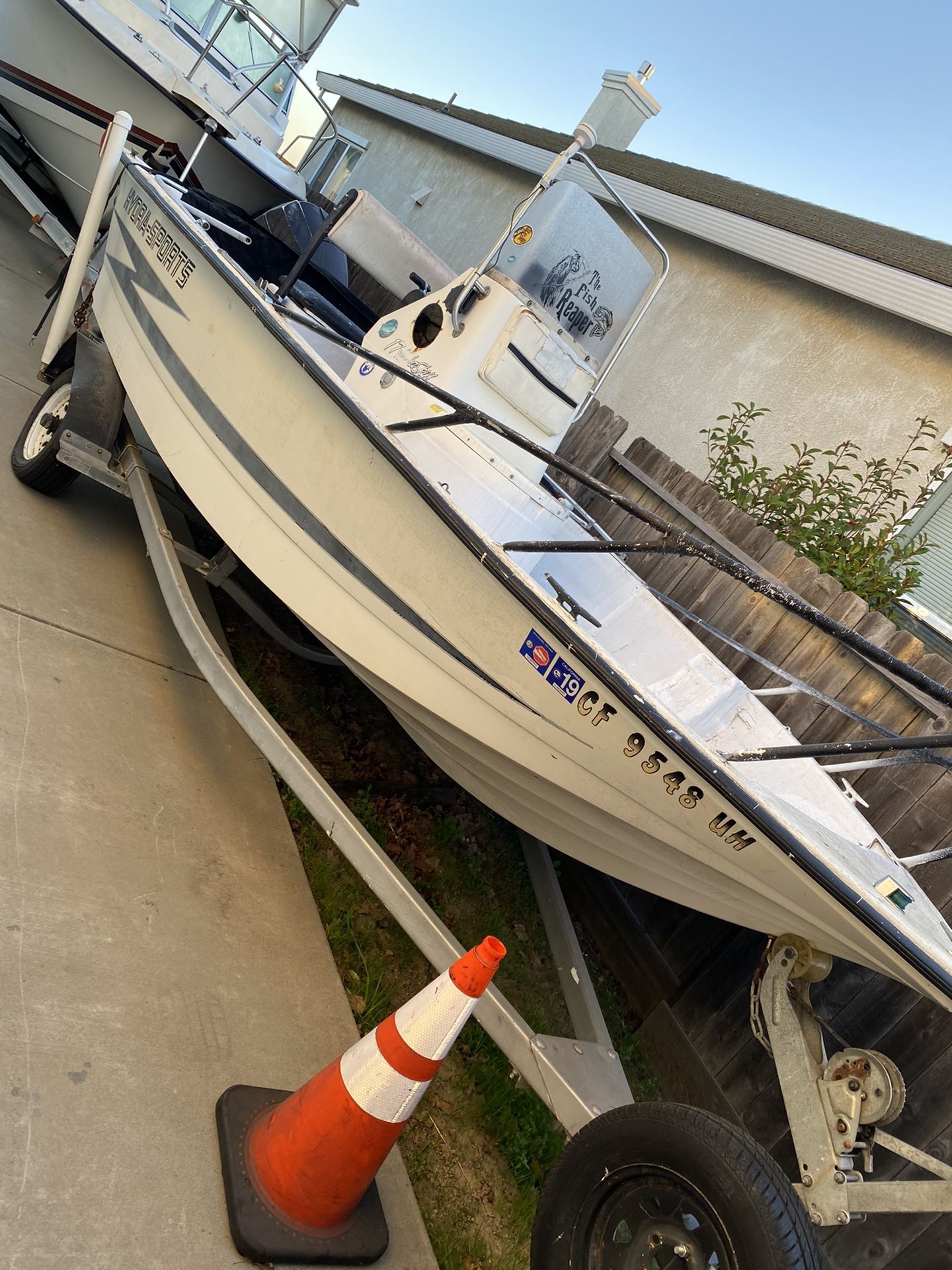 Hydra sport 17’ fiberglass boat for sale. Bill of sale for boat and trailer. Motor runs but does need a new starter.