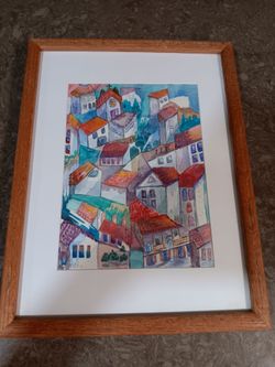 Expressionist style water color on paper European coastal village stack township 13×17 by: Nina