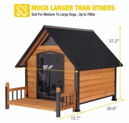 Outdoor Dog House 87, 32.9"L/37.4"L, Porch Design, Iron Frame - Brown