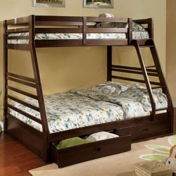 Brand New Espresso Twin Over Full Bunk Bed w Trundle Drawers 