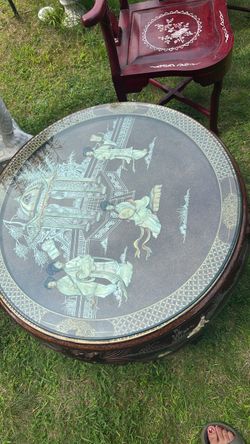 Chinese Lacquer Round Coffee Table with Glass Top