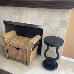 Wicker Seat w/ Storage & A Black Wooden End Table 