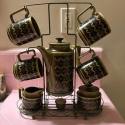 Vintage Royal Sealy Coffee Pot Set 4 Mugs Cream & Sugar Bowl/Stand MCM Green