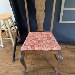 Antique,  Red Leaf Printed Cushion With Carved-Wood Design Chair 