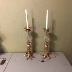 Pair Of Vintage Brass And Crystal Lamps! Very Unique!