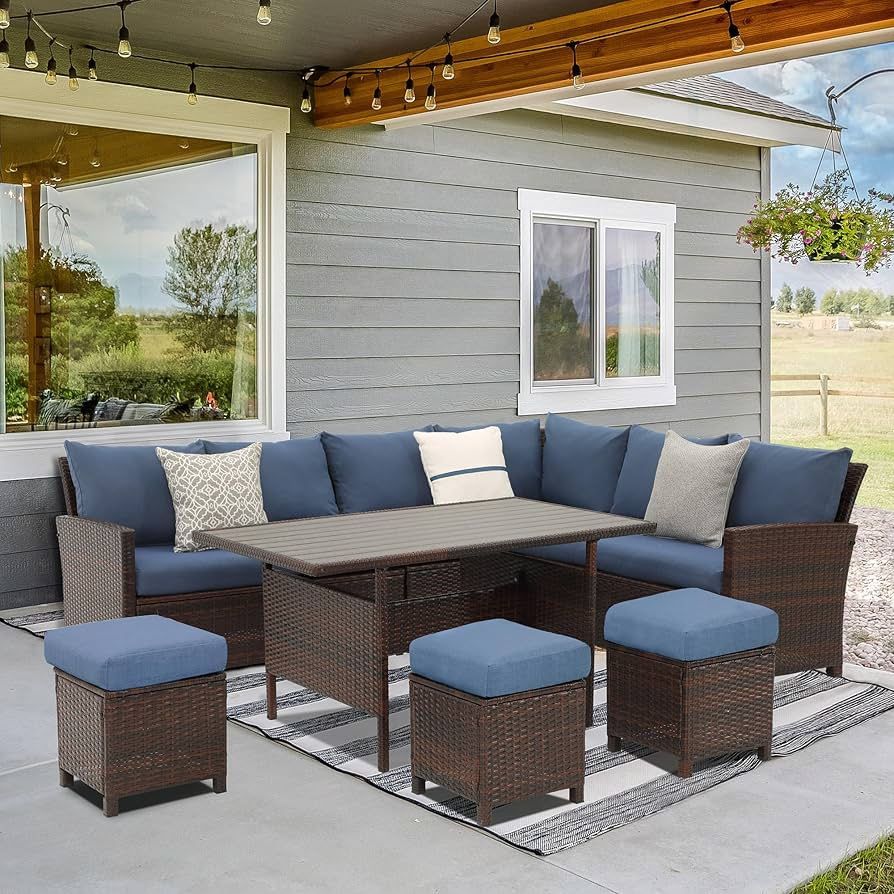 Wisteria Lane Outdoor Patio Furniture Set, 7 Piece Outdoor Dining Sectional Sofa with Dining Table and Chair, All Weather Wicker Conversation Set with