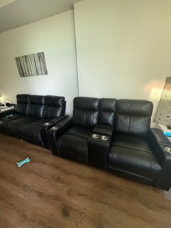 Black Leather Recliner Sofa Set with Cup Holders