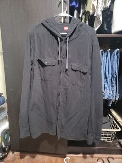Black Hooded Button-Up Shirt Jacket