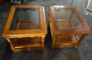 2 Oak End Tables with glass tops