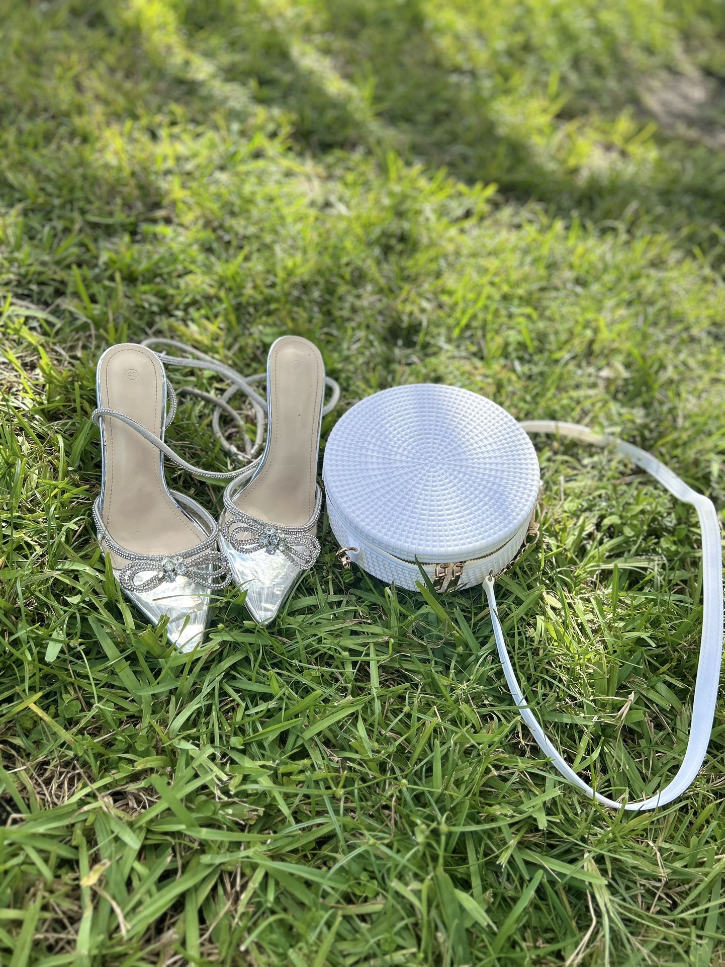 Clear Heels + White Round Purse Bundle