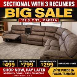 Sectional with three Recliners USB individual pieces