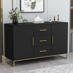 Black Storage Accent Cabinets with 3-Drawers and 2-Cabinets, Metal Legs Cupboard Floor-Standing Side
