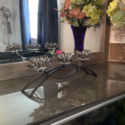 Metal & Glass 16" 3 Lotus VotiveHolder - Black & Smoke 