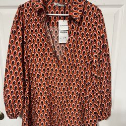 Zara Orange Collared Geometric  Print Shirt Dress