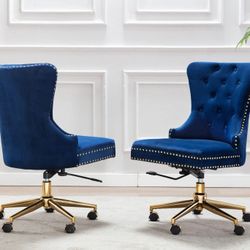 GLAM WINGBACK NAVY BLUE VELVET TUFTED NAIOLHEAD ACCENT HOME / OFFICE DESK VANITY CHAIR CASTER WHEELS - SILLA