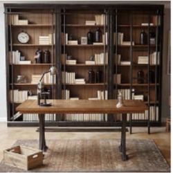 Tuscan 3 Pc Bookcase Bookshelf Wall Unit W Ladder, Desk, And 2 Leather Benches