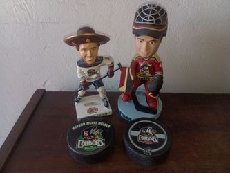 Bakersfield condors hockey bobbleheads and pucks Josh Currie Yutaka Fukufuji