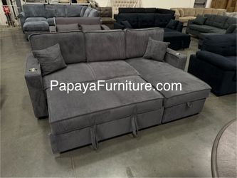 New! 89”L Reversible Grey corduroy Sectional Sofa Bed, Sectional Sofa Bed, Grey Sofa, Sleeper Sofa, Grey Couch, Reversible Sectional, Sectional Sofa W