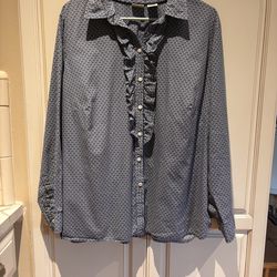 L.L. Bean Cotton Navy Blue Micro-Floral Print Ruffle Button-Down Shirt Size 1X