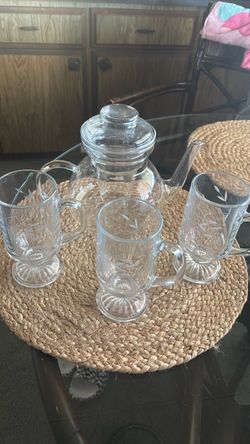 Glass Teapot Set with 3 Etched Mugs