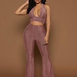 Glitter halter top & flare pant set 