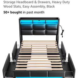 Rolanstar Twin Size Bed Frame with LED Lights and Charging Station, PU Leather Bed Storage Headboard & Drawers, Heavy Duty Wood Slats, Easy Assembly, 