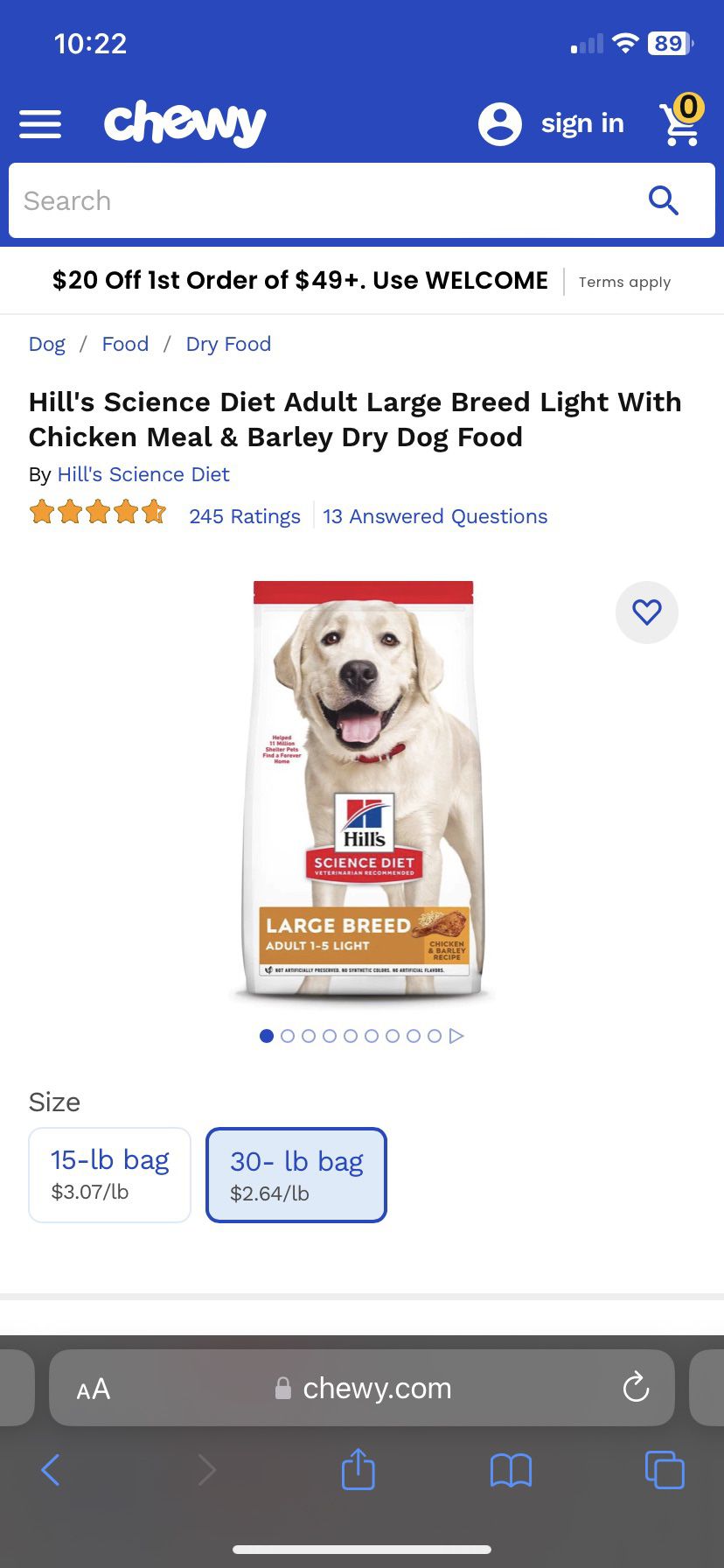 Adult Dog Food 30lb Bag 