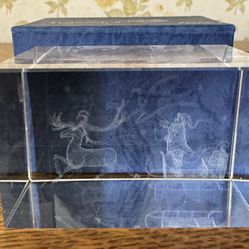 3D Sleigh With Deer Glass Paperweight Laser Etched Crystal Cube 3”x2”