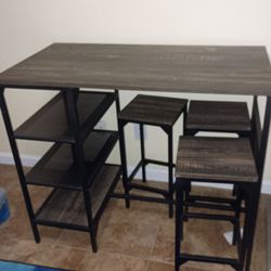 Wood and metal table with 3 stools